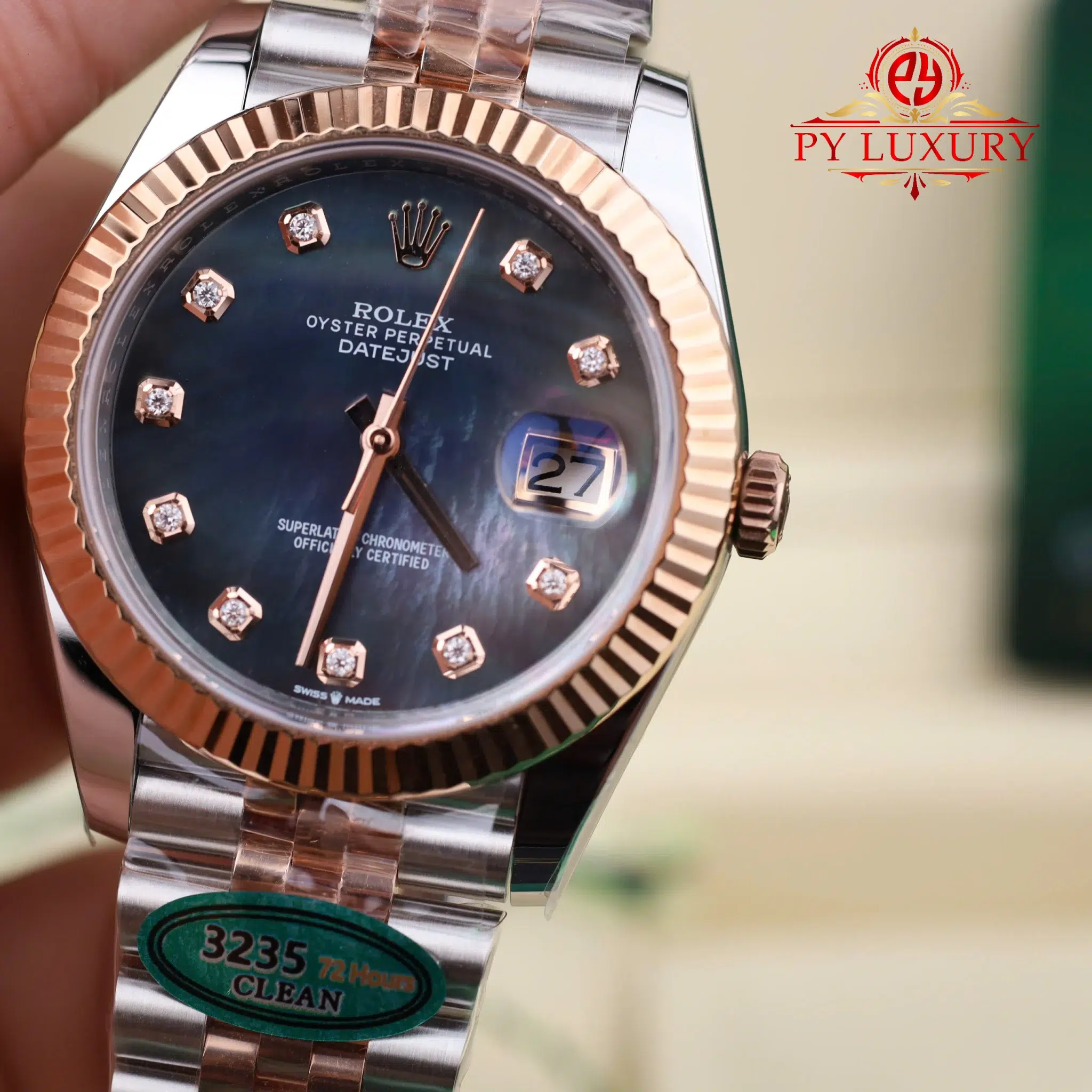 Rolex Datejust 126331 Steel & Rose Gold Custom Black Mother of Pearl Dial Moissanite Markers Jubilee 1:1 Best Edition 41mm - Image 5