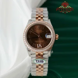 Đồng Hồ Nữ Rolex Datejust 278381RBR-0006 Demi Vàng Hồng Mặt Nâu Chocolate Viền Đá Dây Jubilee Replica 31mm