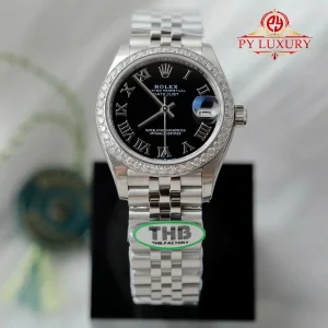 Rolex Datejust 278384RBR Black Roman Dial Diamond Bezel Jubilee Bracelet Best Replica THB 31mm