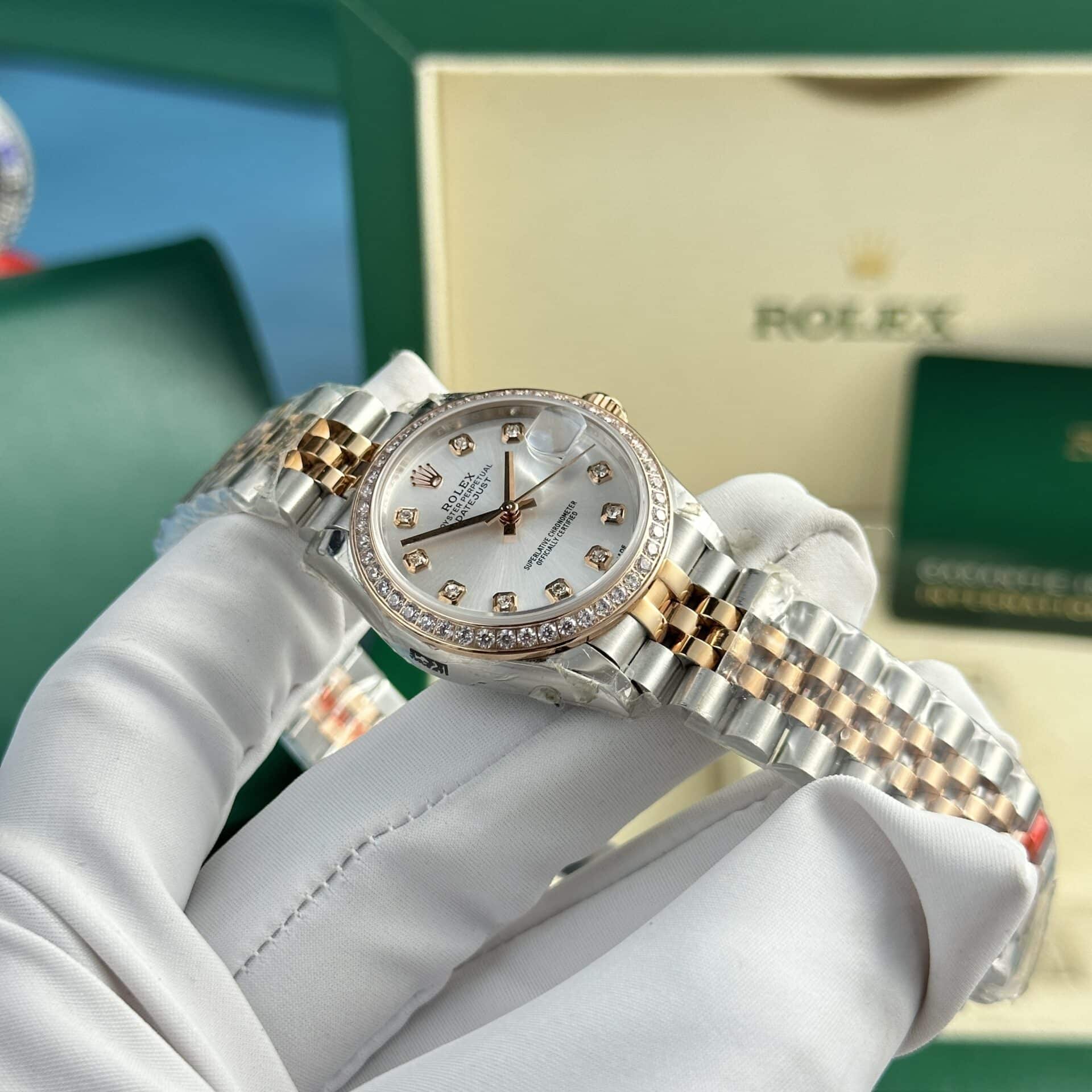 Đồng Hồ Nữ Rolex Datejust 278381RBR-0016 Demi Vàng Hồng Mặt Số Bạc Viền Đá Dây Jubilee Replica 31mm - Image 3