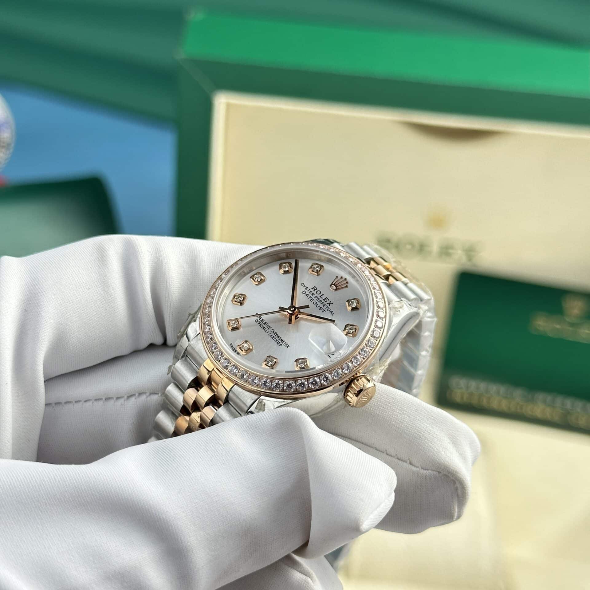 Đồng Hồ Nữ Rolex Datejust 278381RBR-0016 Demi Vàng Hồng Mặt Số Bạc Viền Đá Dây Jubilee Replica 31mm - Image 4