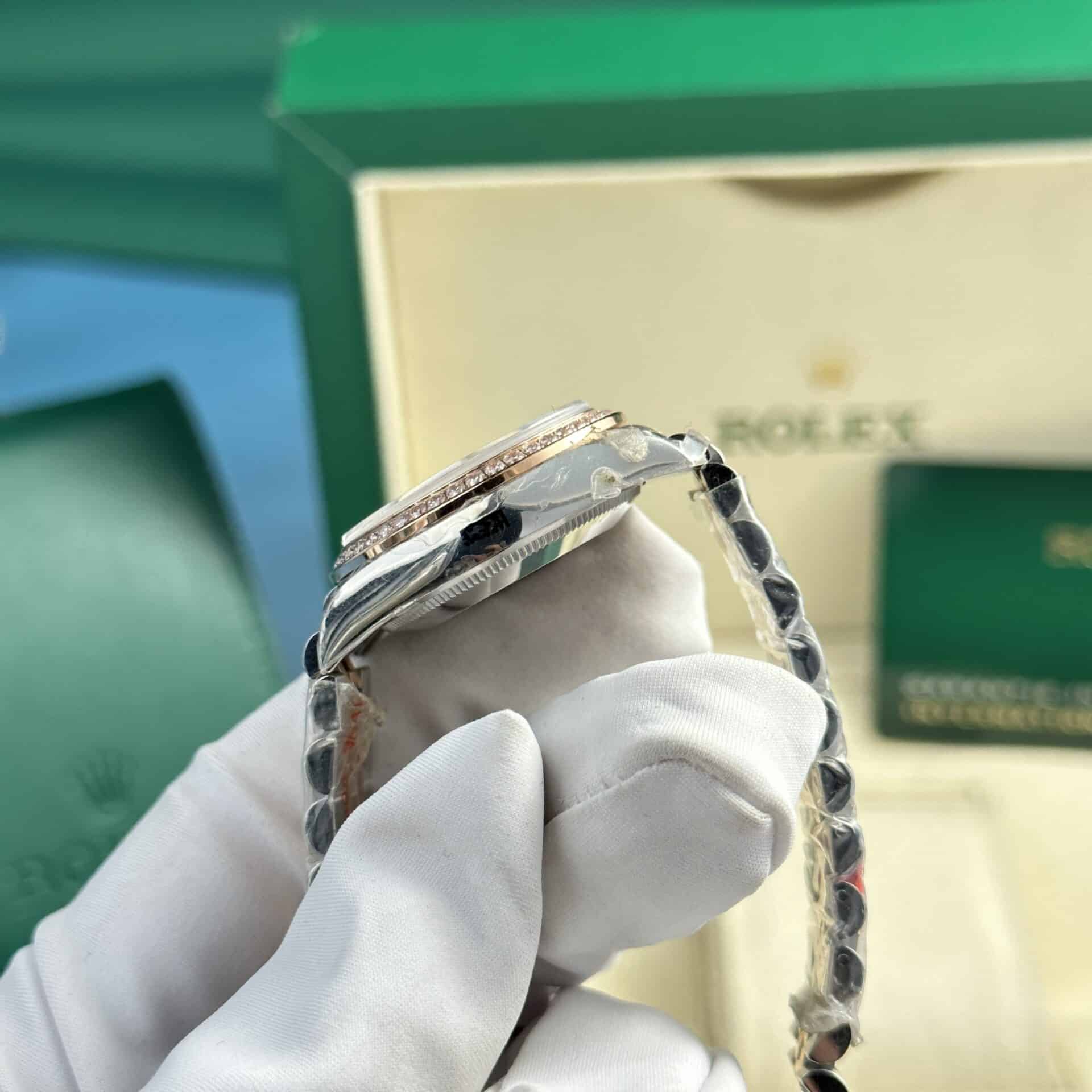 Đồng Hồ Nữ Rolex Datejust 278381RBR-0016 Demi Vàng Hồng Mặt Số Bạc Viền Đá Dây Jubilee Replica 31mm - Image 6