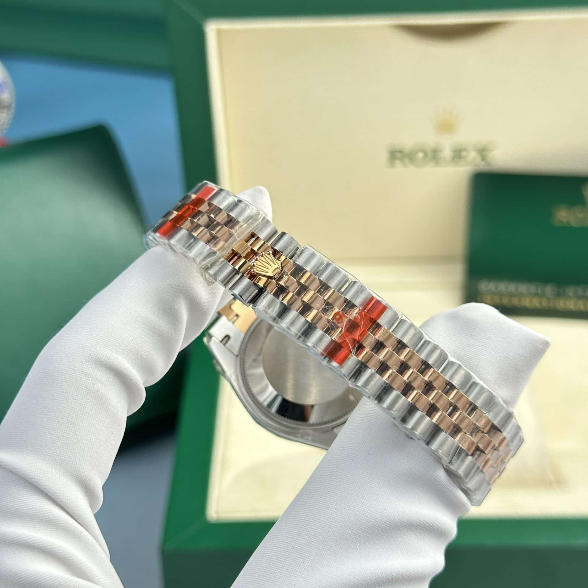 Đồng Hồ Nữ Rolex Datejust 278381RBR-0016 Demi Vàng Hồng Mặt Số Bạc Viền Đá Dây Jubilee Replica 31mm - Image 9