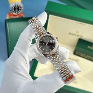 Đồng Hồ Nữ Rolex Datejust 278381RBR-0018 Demi Vàng Hồng Mặt Xám Viền Đá Dây Jubilee Replica 31mm