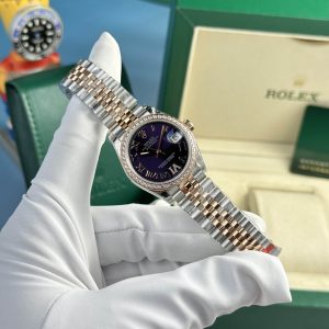 Đồng Hồ Nữ Rolex Datejust 278381RBR-0020 Demi Vàng Hồng Mặt Tím Cọc La Mã Viền Đá Dây Jubilee Replica 31mm