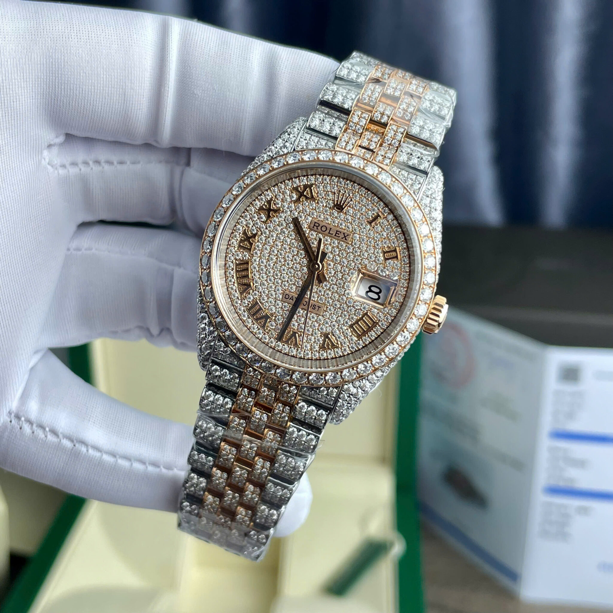 Đồng Hồ Rolex Datejust 36 Demi Bọc Vàng Hồng 18K Cọc Số La Mã Chế Tác Full Đá Moissanite 36mm - Image 3