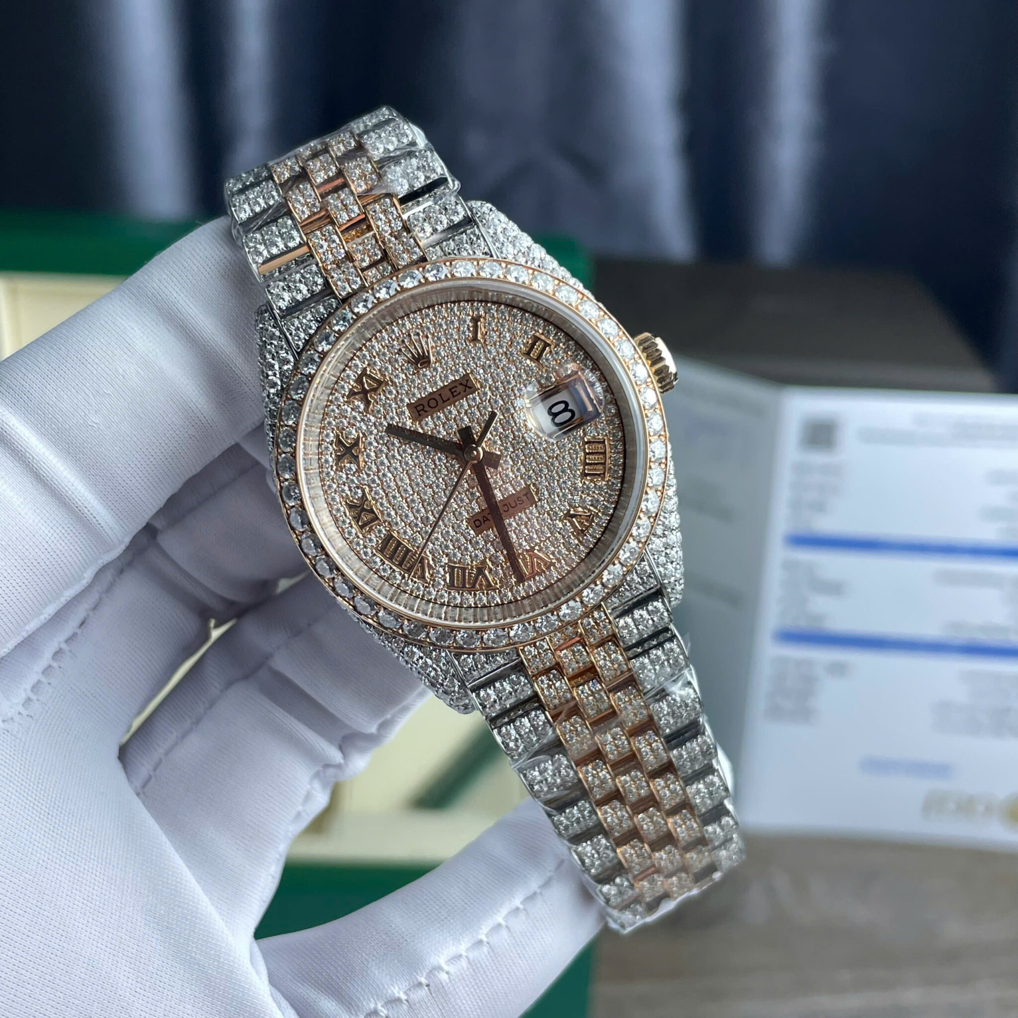 Đồng Hồ Rolex Datejust 36 Demi Bọc Vàng Hồng 18K Cọc Số La Mã Chế Tác Full Đá Moissanite 36mm - Image 4