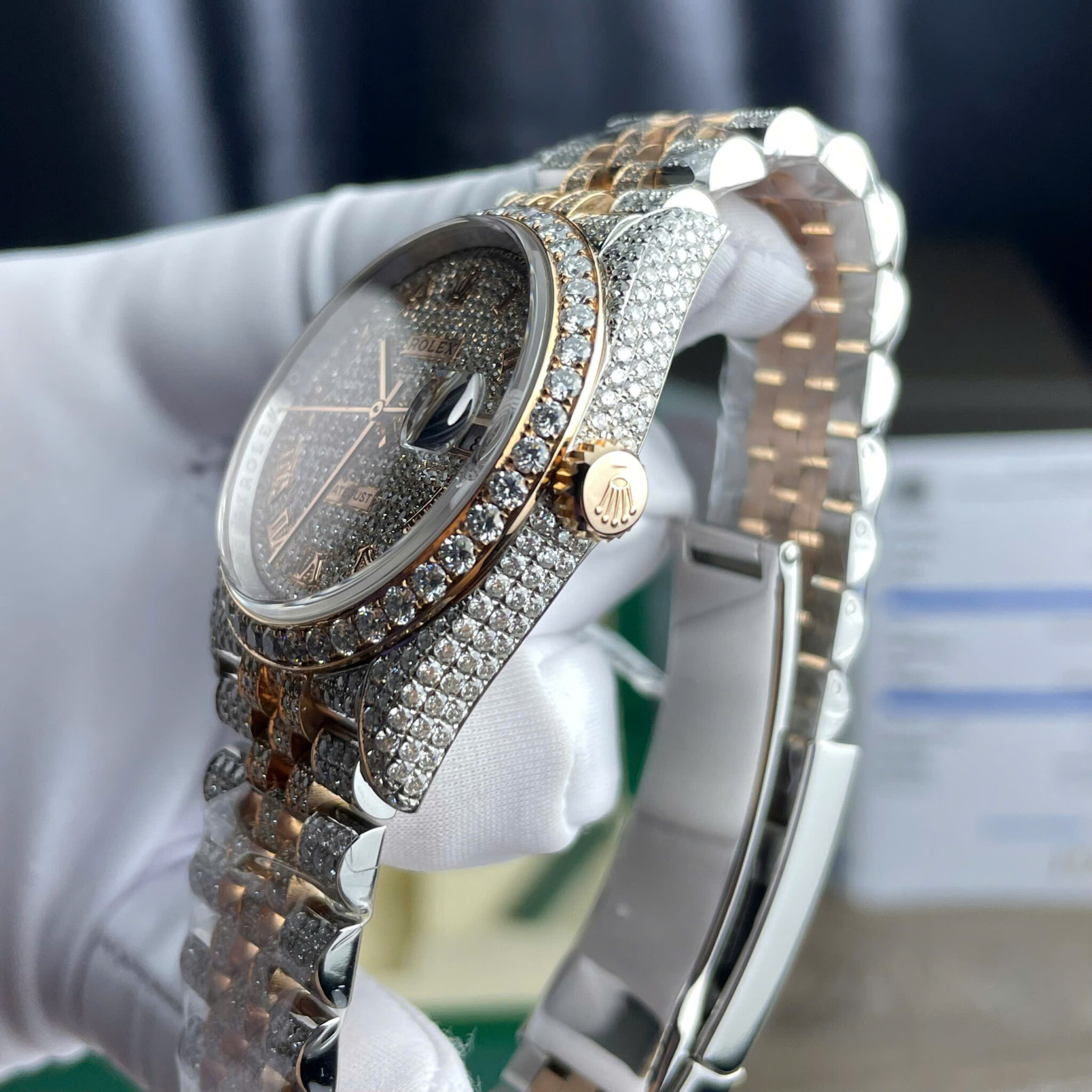 Đồng Hồ Rolex Datejust 36 Demi Bọc Vàng Hồng 18K Cọc Số La Mã Chế Tác Full Đá Moissanite 36mm - Image 6