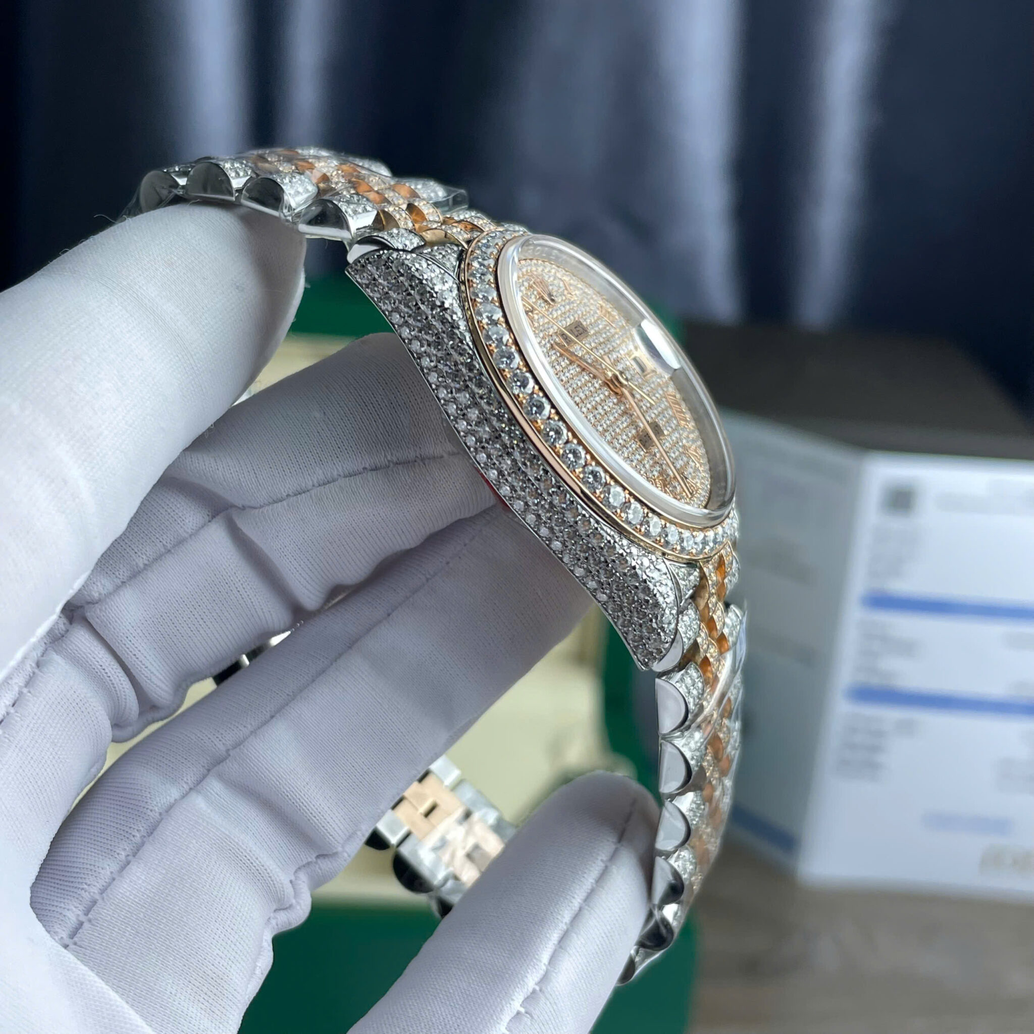 Đồng Hồ Rolex Datejust 36 Demi Bọc Vàng Hồng 18K Cọc Số La Mã Chế Tác Full Đá Moissanite 36mm - Image 7