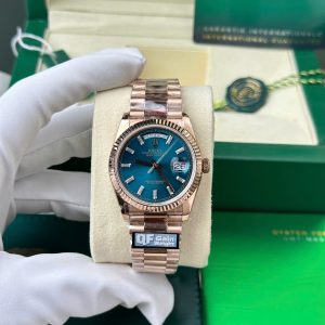 Đồng Hồ Rolex Day-Date 128235-0085 Vàng Hồng Mặt Số Xanh Lục Lam 158g 1:1 Replica QF 36mm