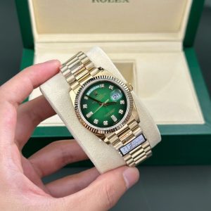 Đồng Hồ Rolex Day-Date 128238-0069 Vàng Vàng Mặt Xanh Ombré Cọc Số Đính Đá 158g Clone 1:1 QF 36mm