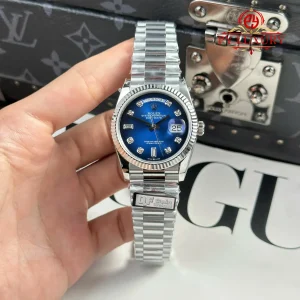 Đồng Hồ Rolex Day-Date 128239-0023 Mặt Xanh Dương Ombré Cọc Số Đá 158g Rep 1:1 QF 36mm