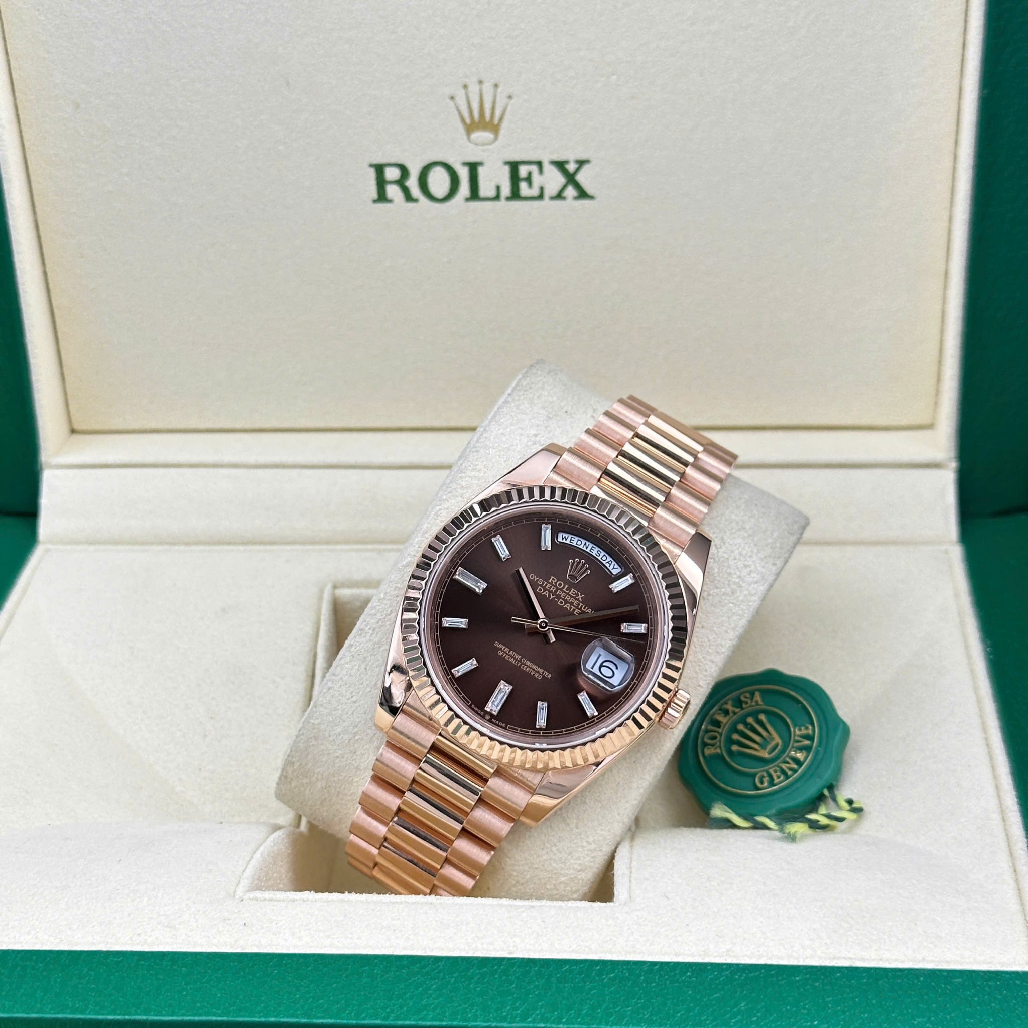 Rolex Day-Date 228235-0003 Chocolate Baguette Diamond Dial 18K Solid Rose Gold 40mm - Image 3
