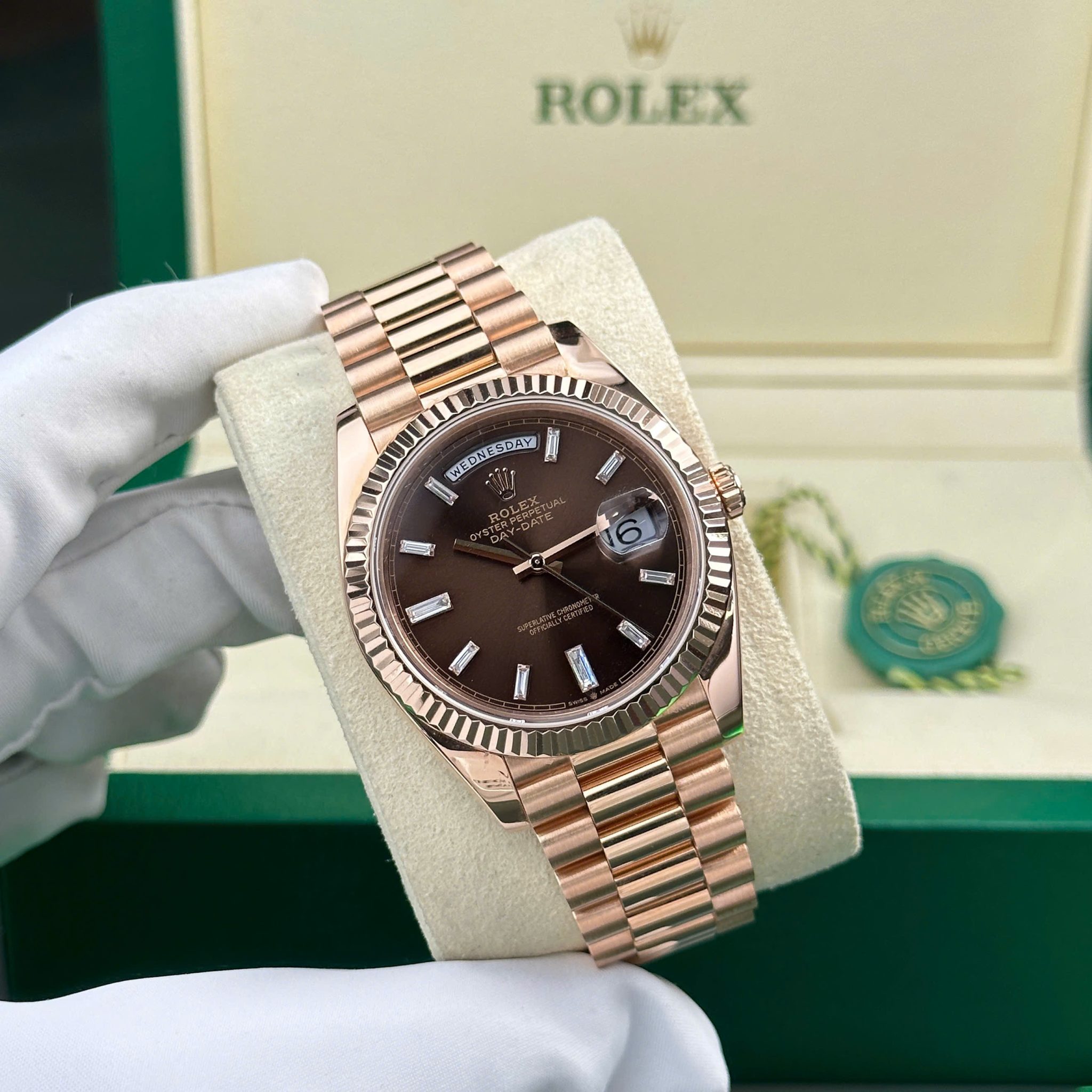 Rolex Day-Date 228235-0003 Chocolate Baguette Diamond Dial 18K Solid Rose Gold 40mm - Image 4