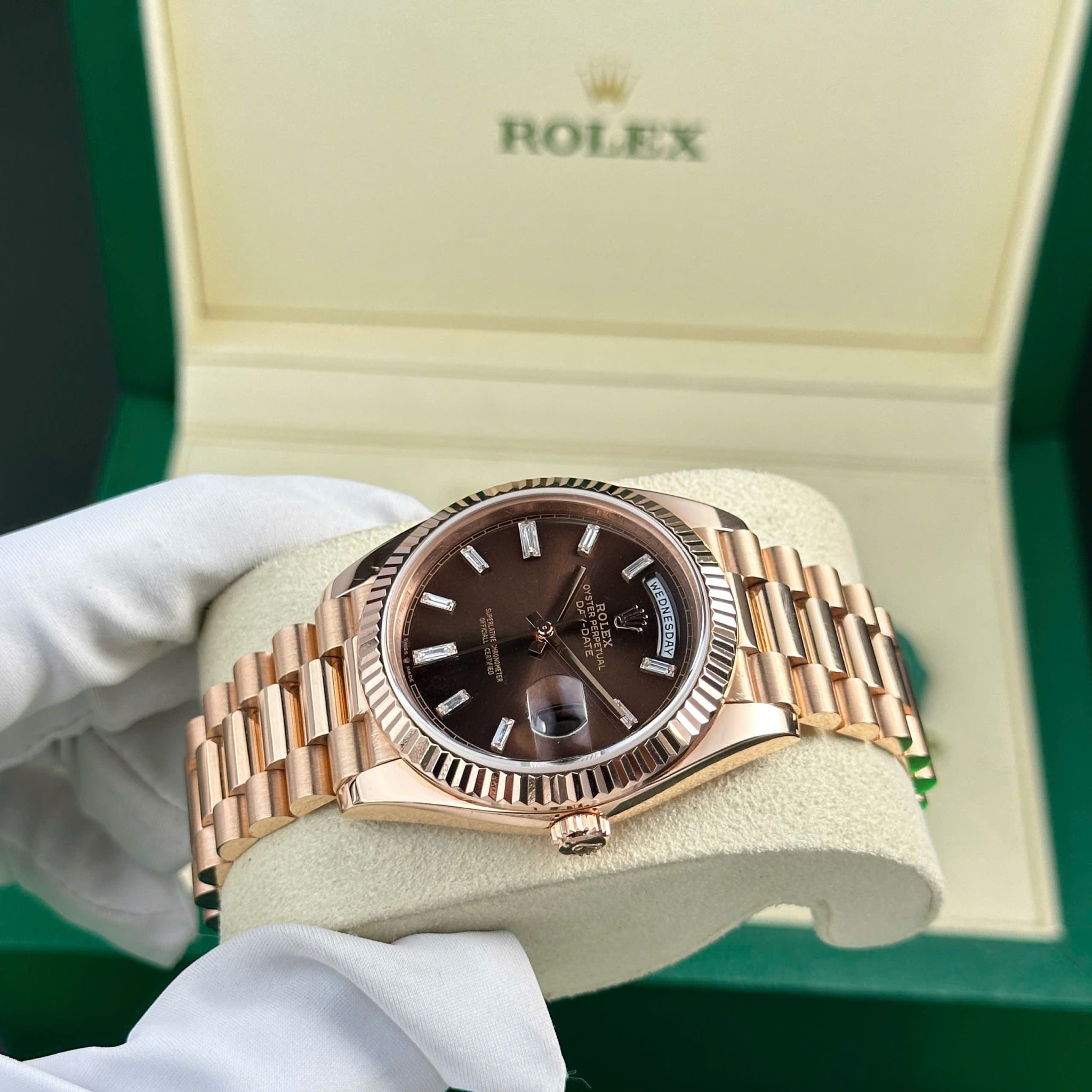 Rolex Day-Date 228235-0003 Chocolate Baguette Diamond Dial 18K Solid Rose Gold 40mm - Image 5
