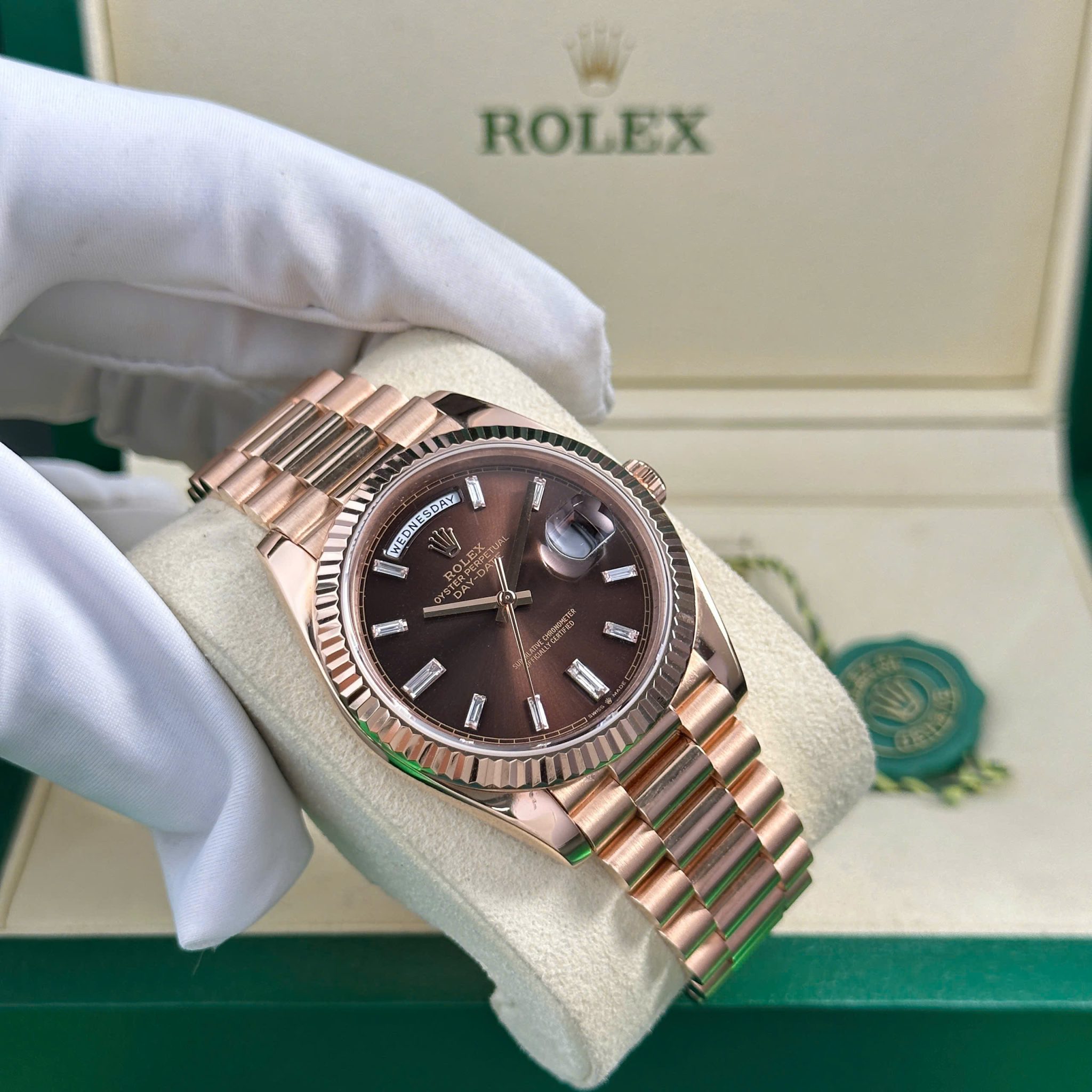 Rolex Day-Date 228235-0003 Chocolate Baguette Diamond Dial 18K Solid Rose Gold 40mm - Image 6