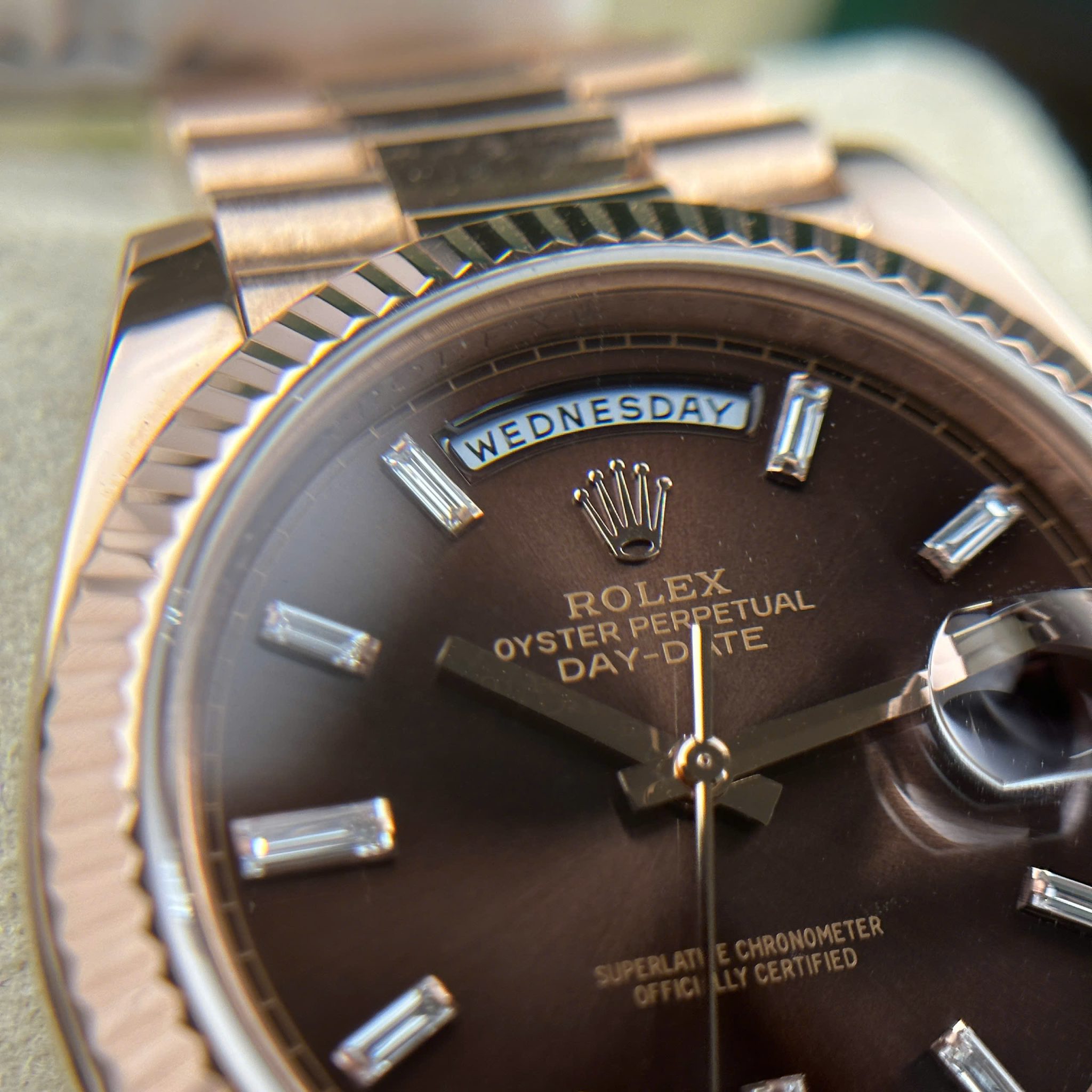 Rolex Day-Date 228235-0003 Chocolate Baguette Diamond Dial 18K Solid Rose Gold 40mm - Image 8