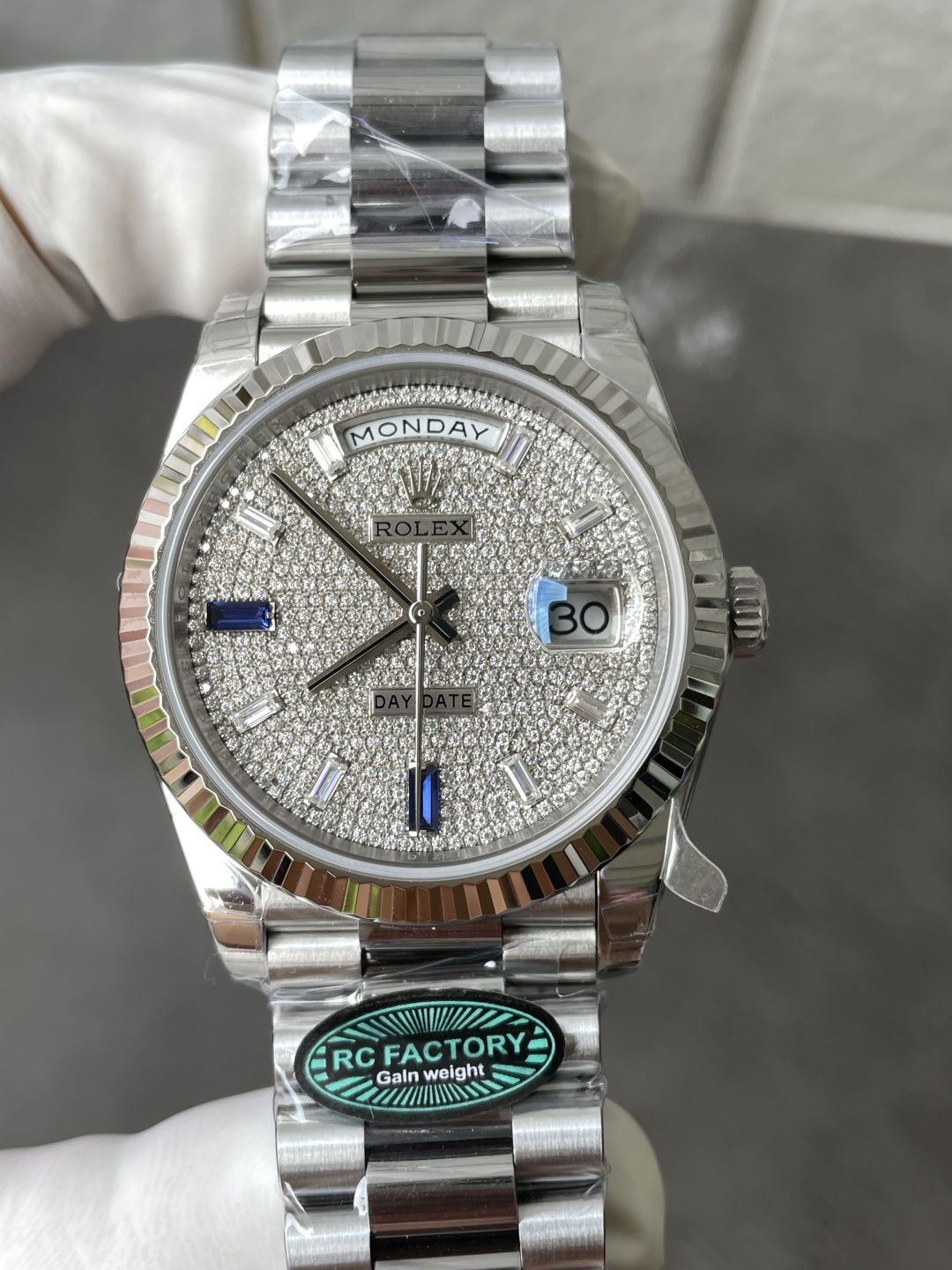 Rolex Day-Date 228236-0009 Custom Moissanite Dial 1:1 Best Replica Super Clone Gained Weight 210g RCF 40mm