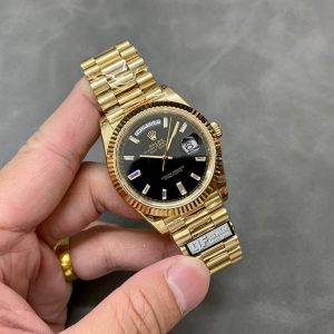 Đồng Hồ Rolex Day-Date 228238-0004 Mặt Đen Cọc Số Đá Baguette 184g Rep 1:1 QF 40mm