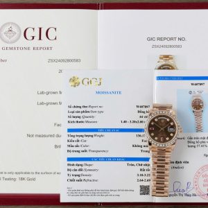 Rolex Day-Date 36 Chocolate Diamond & Ruby Dial 18K Rose Gold Wrapped Baguette Moissanite Bezel Best Replica 36mm