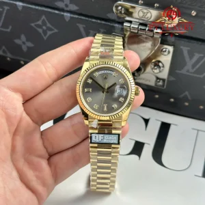 Đồng Hồ Rolex Day-Date 128238-0022 Vàng Gold Mặt Xám Đậm Cọc Số Đính Đá 158g Rep 1:1 QF 36mm