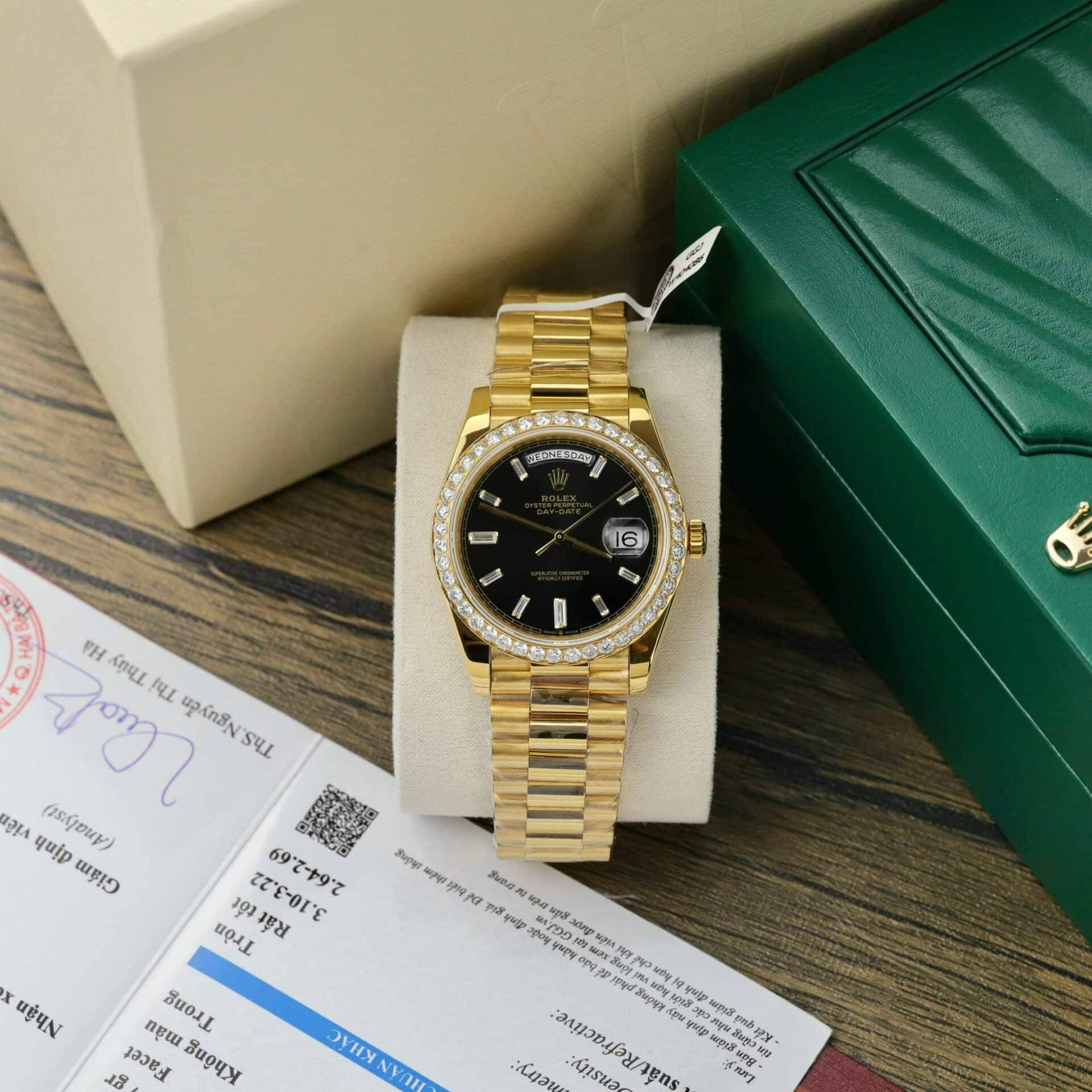 Đồng Hồ Rolex Day-Date 228348RBR Bọc Vàng 18K Mặt Đen Niềng Moissanite GMF V3 40mm - Image 2