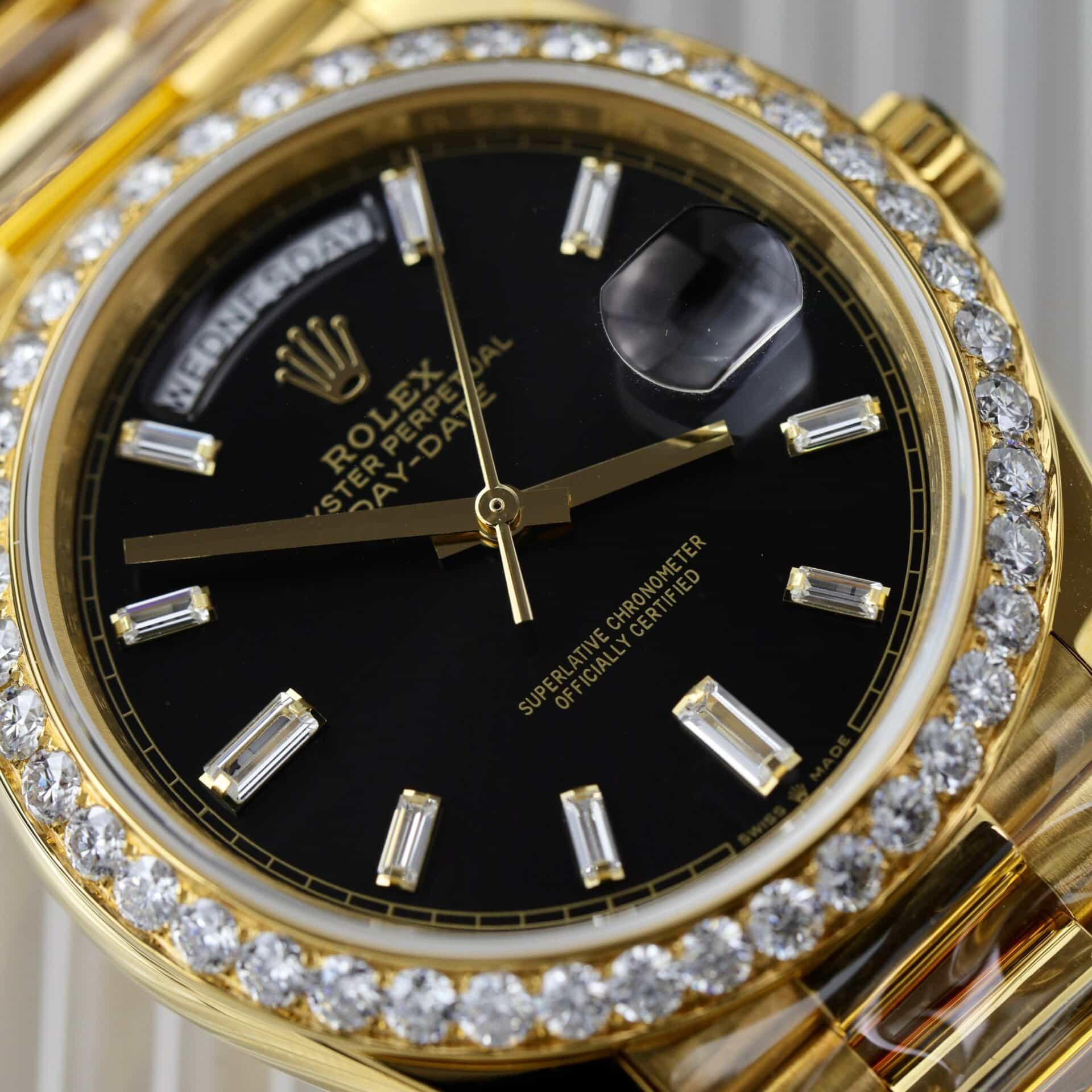 Đồng Hồ Rolex Day-Date 228348RBR Bọc Vàng 18K Mặt Đen Niềng Moissanite GMF V3 40mm - Image 6