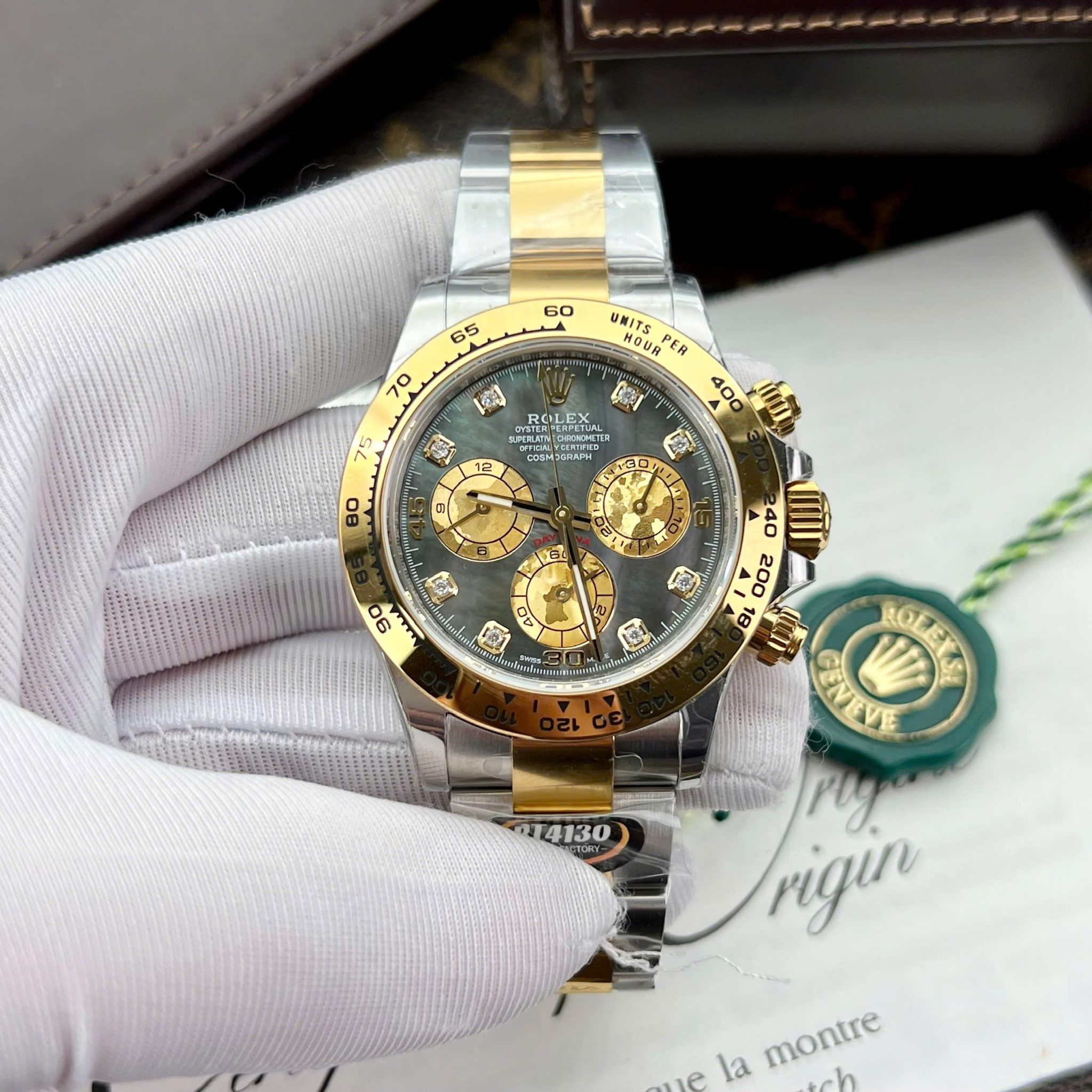 Đồng hồ Rolex Daytona 116503 Demi Vàng Mặt Khảm Trai Đen Cọc Số Đính Đá Moissanite Replica 1:1 40mm - Image 2