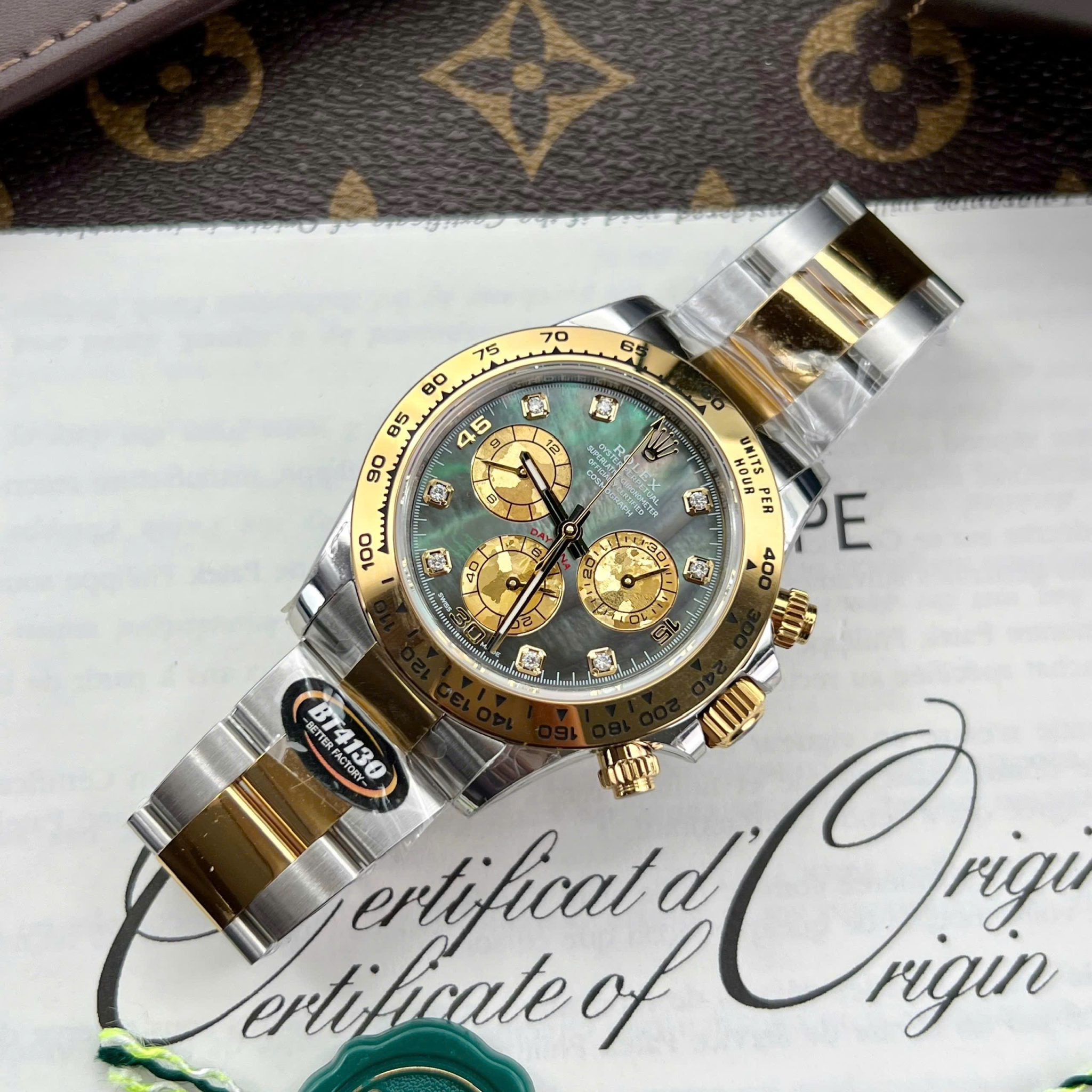 Đồng hồ Rolex Daytona 116503 Demi Vàng Mặt Khảm Trai Đen Cọc Số Đính Đá Moissanite Replica 1:1 40mm - Image 3