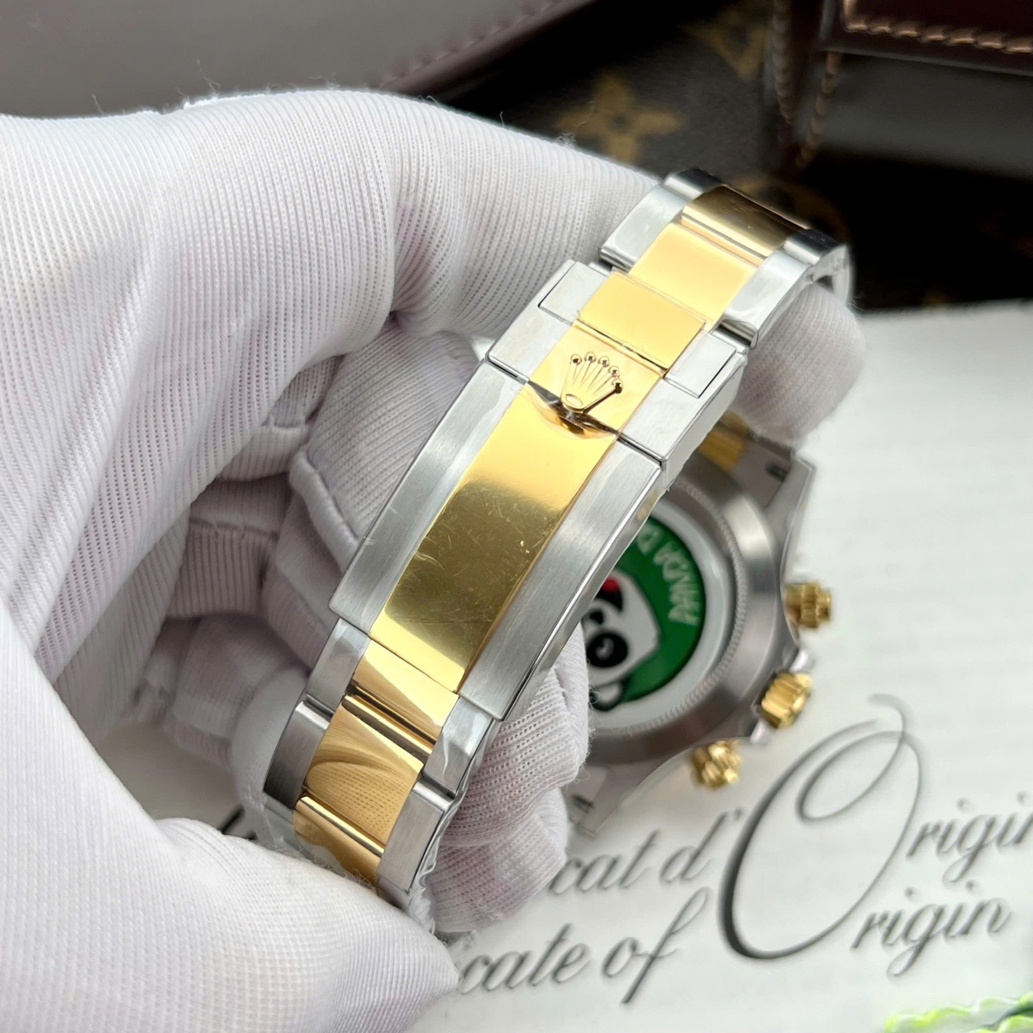 Đồng hồ Rolex Daytona 116503 Demi Vàng Mặt Khảm Trai Đen Cọc Số Đính Đá Moissanite Replica 1:1 40mm - Image 9