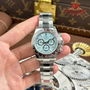 Đồng hồ Rolex Daytona 126506-0002 Platinum Mặt Xanh Băng Cọc Số Đá Baguette Replica 1:1 VSF 40mm