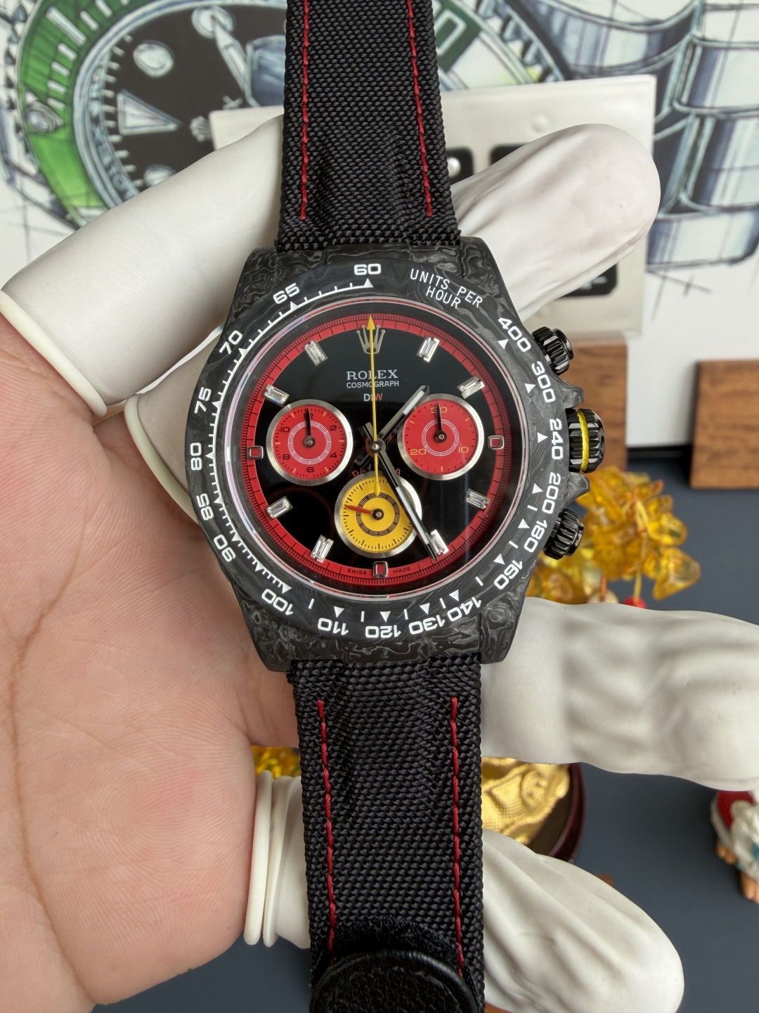 Rolex Daytona DiW F1 Racing Inspired Diamond Index Dial Black Carbon Fiber Super Clone N6F 40mm