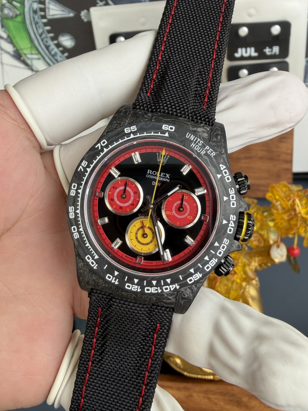 Rolex Daytona DiW F1 Racing Inspired Diamond Index Dial Black Carbon Fiber Super Clone N6F 40mm - Image 3