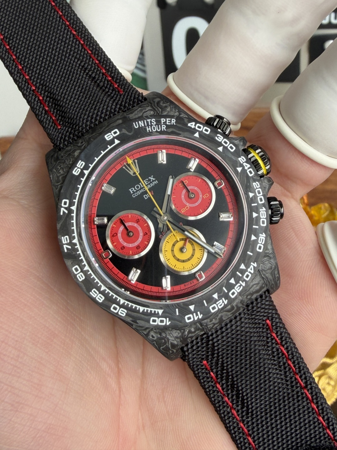 Rolex Daytona DiW F1 Racing Inspired Diamond Index Dial Black Carbon Fiber Super Clone N6F 40mm - Image 4