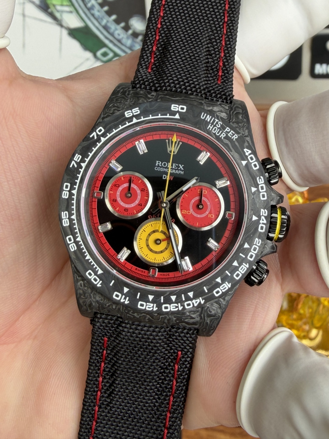 Rolex Daytona DiW F1 Racing Inspired Diamond Index Dial Black Carbon Fiber Super Clone N6F 40mm - Image 5