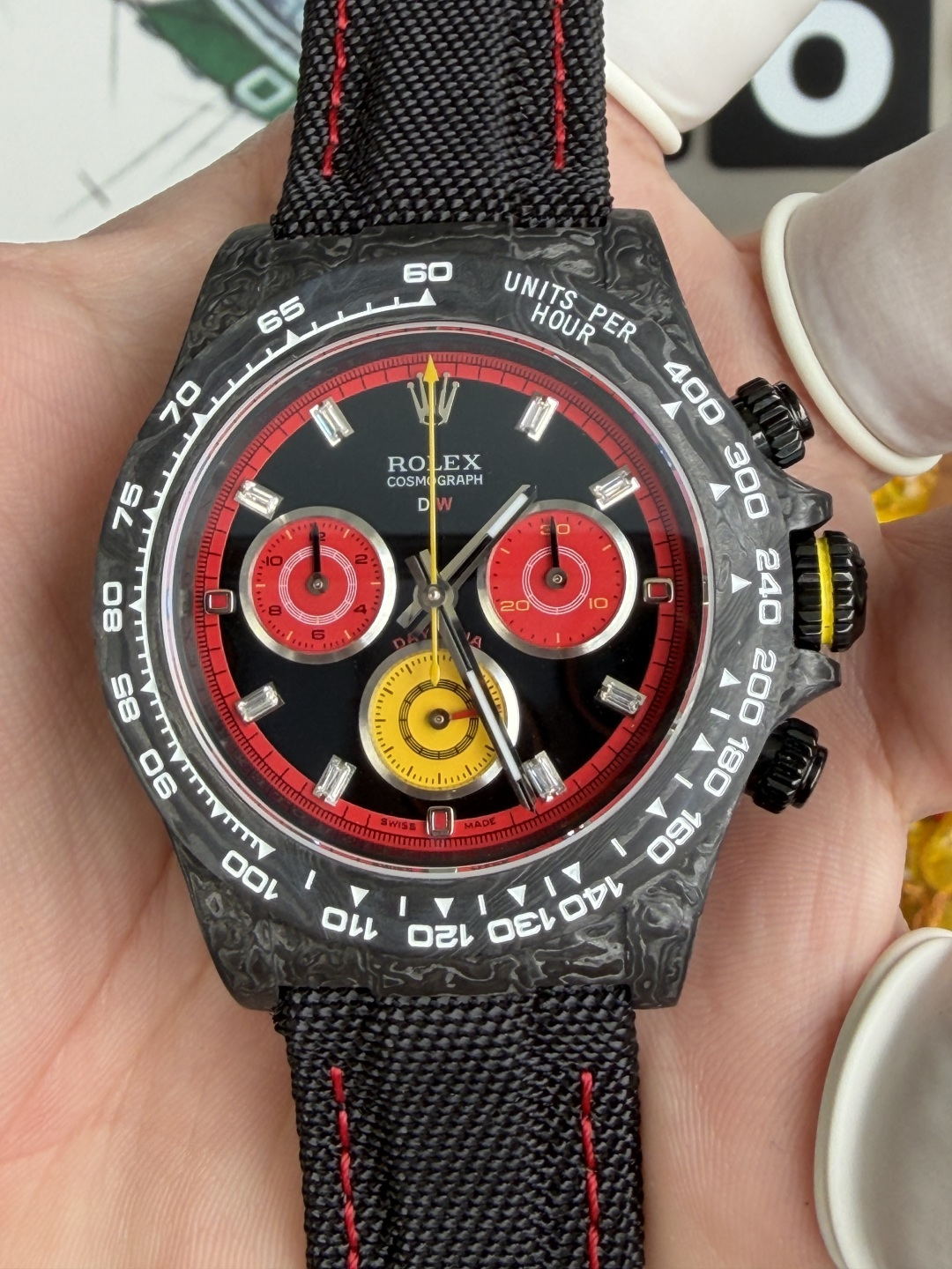 Rolex Daytona DiW F1 Racing Inspired Diamond Index Dial Black Carbon Fiber Super Clone N6F 40mm - Image 6