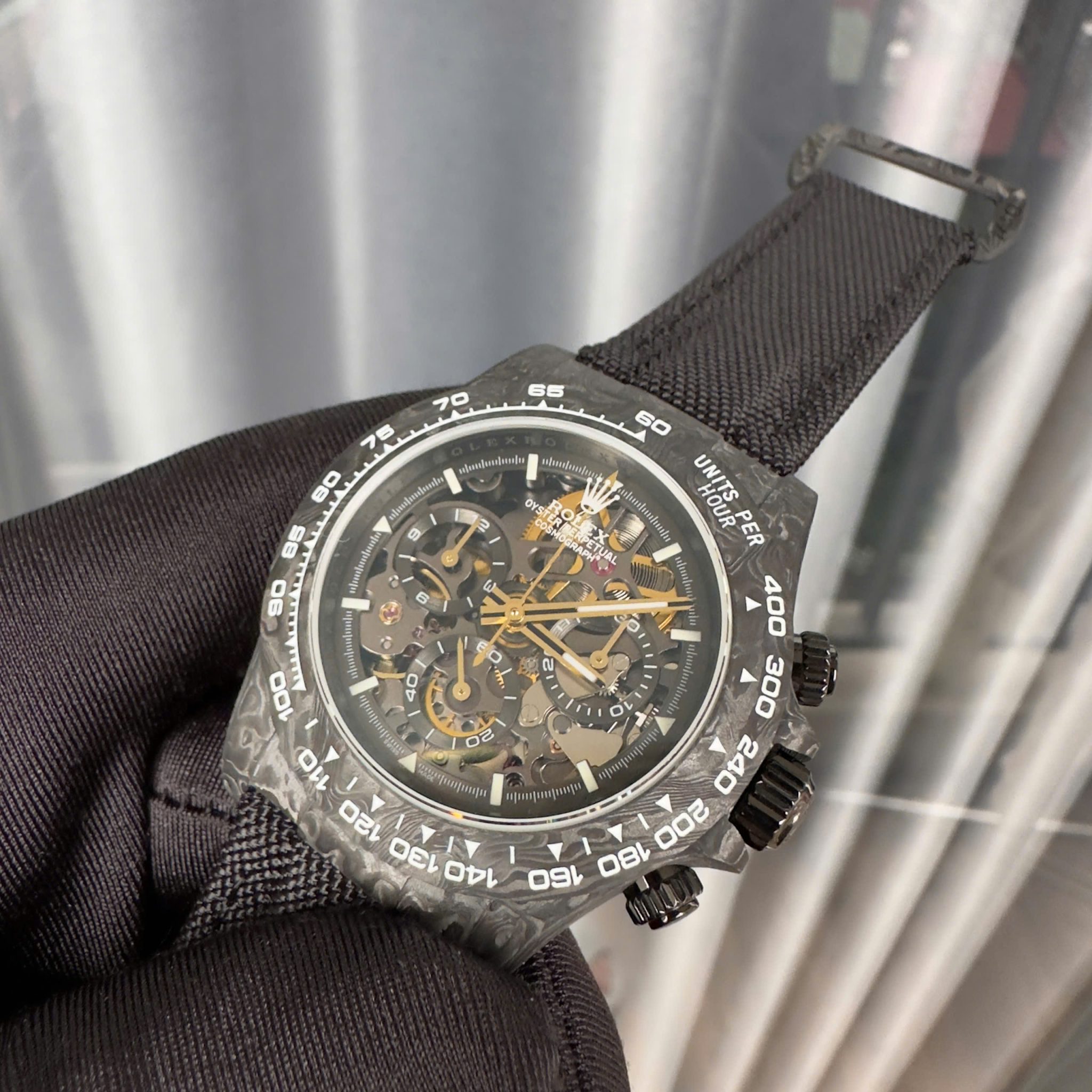 Rolex Daytona DiW Skeleton Dial Black Carbon Fiber Nylon Strap 1:1 Best Replica 40mm - Image 3