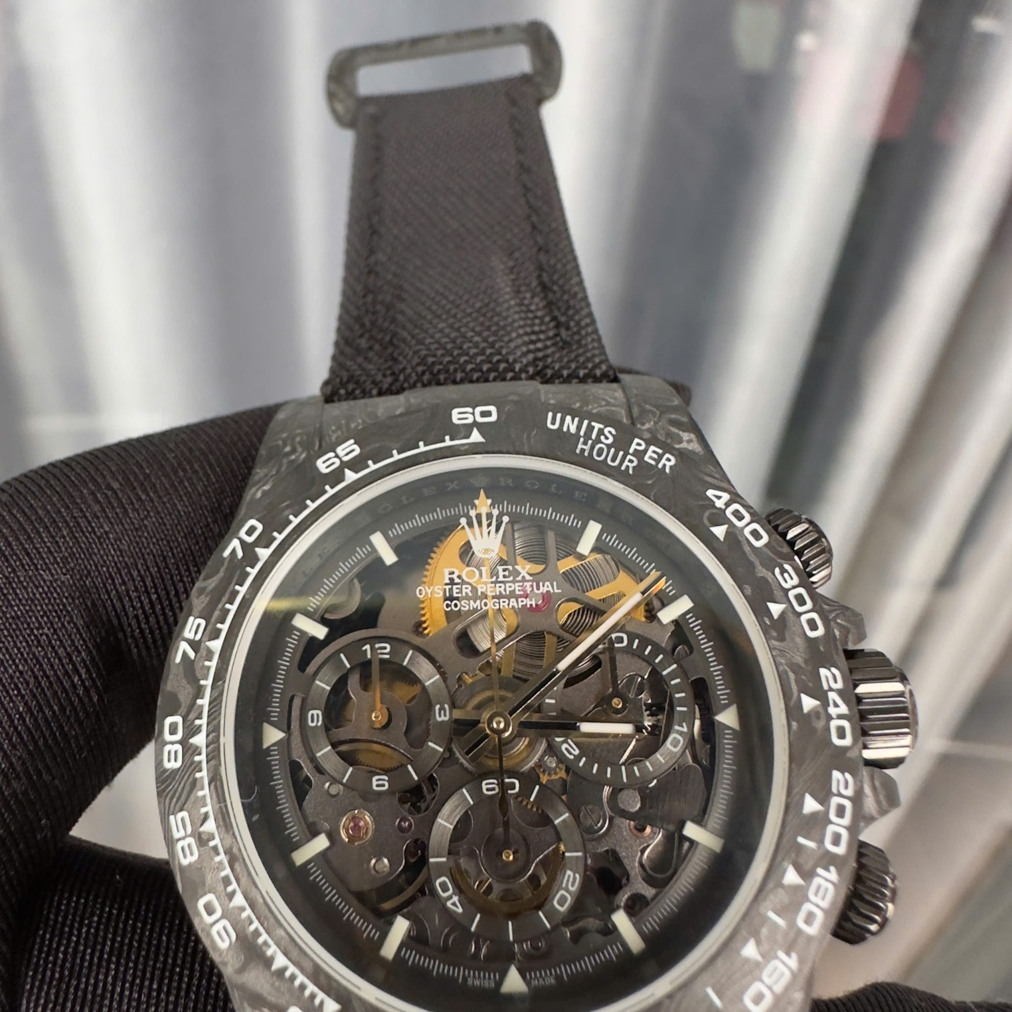 Rolex Daytona DiW Skeleton Dial Black Carbon Fiber Nylon Strap 1:1 Best Replica 40mm - Image 4