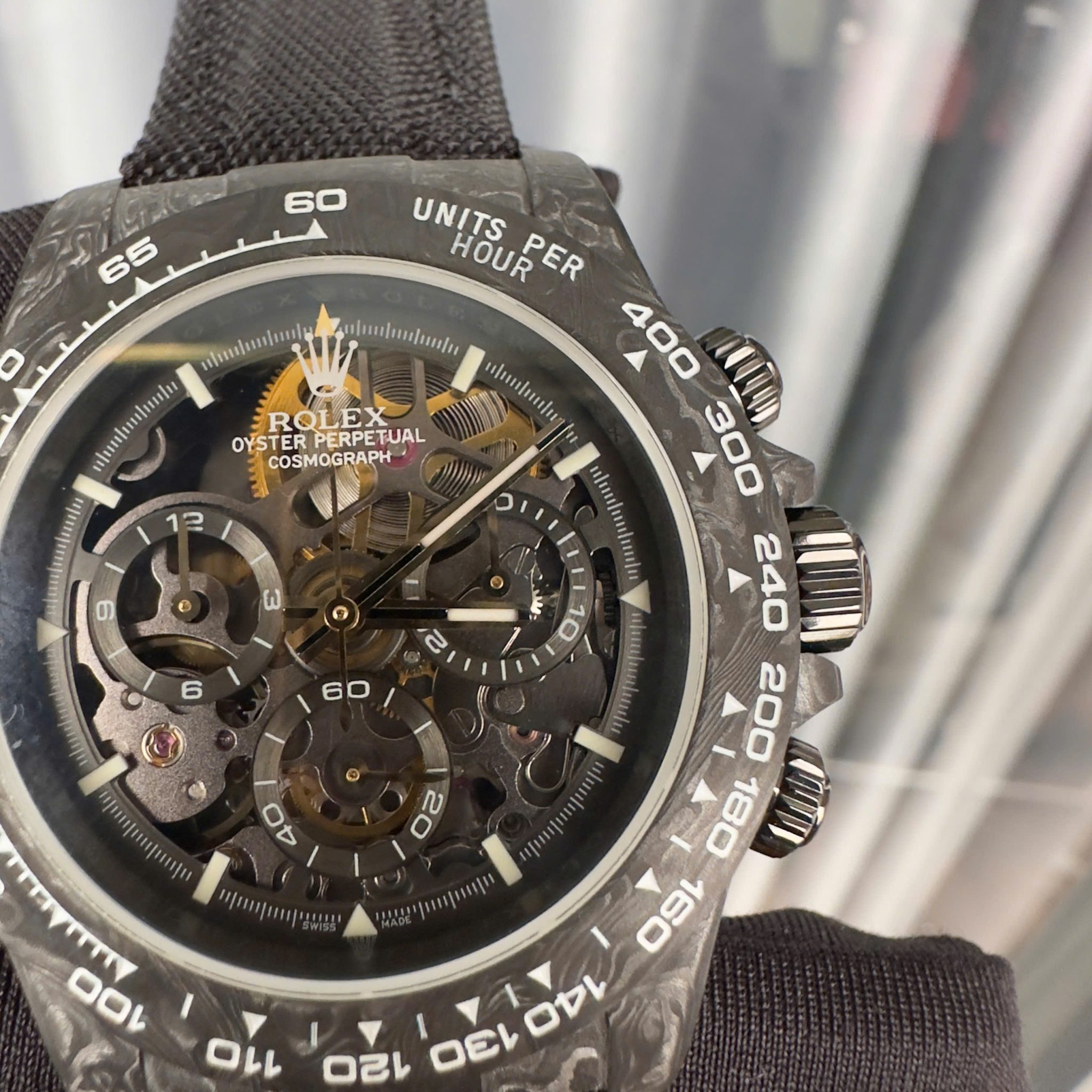 Rolex Daytona DiW Skeleton Dial Black Carbon Fiber Nylon Strap 1:1 Best Replica 40mm - Image 6