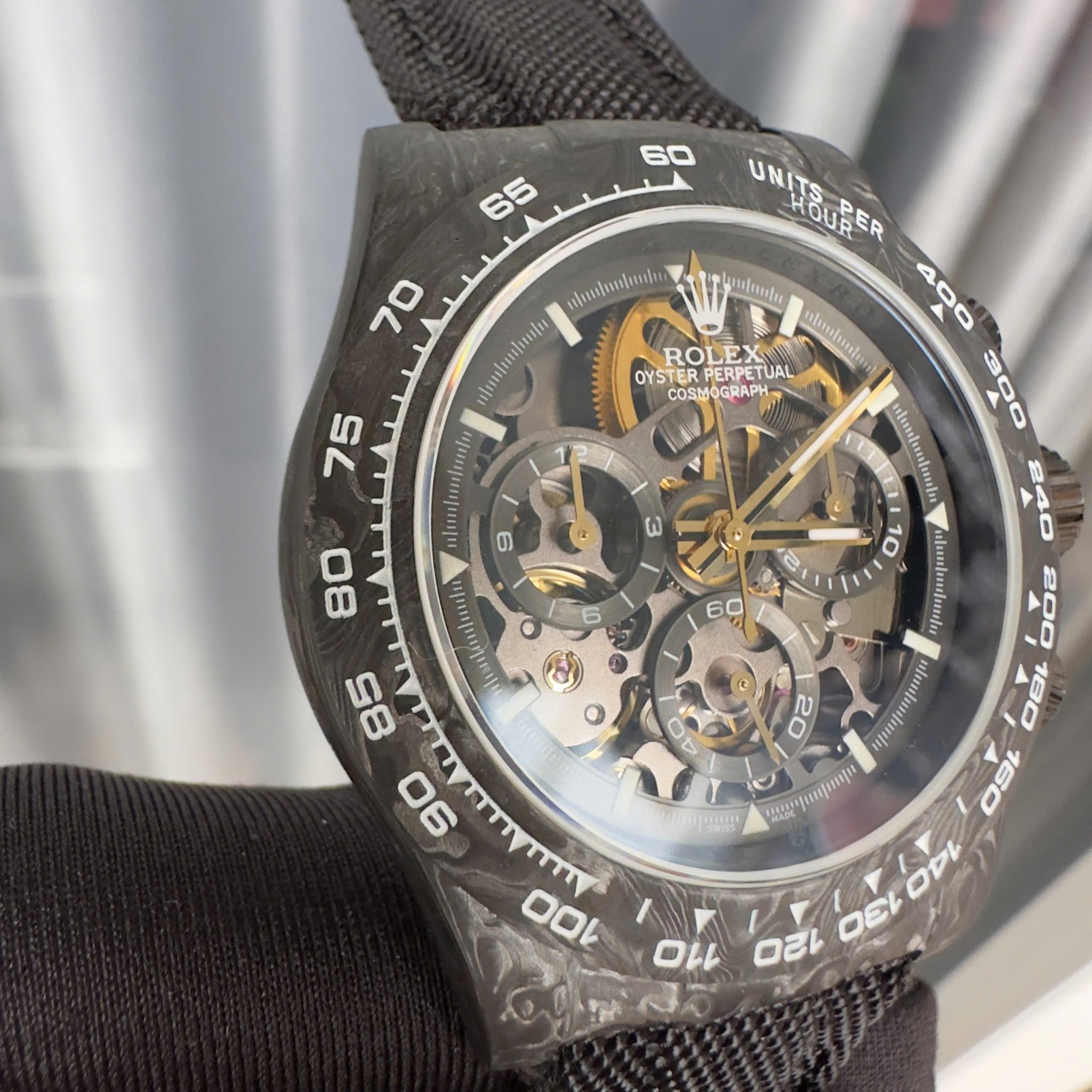 Rolex Daytona DiW Skeleton Dial Black Carbon Fiber Nylon Strap 1:1 Best Replica 40mm - Image 7