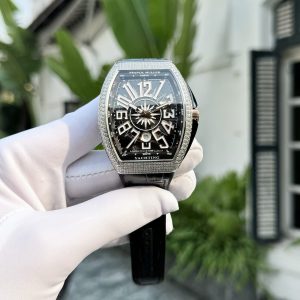 Đồng Hồ Franck Muller Yachting V45 Mặt Đen Vỏ Đính Đá Dây Da Rep 11 ABF 45mm
