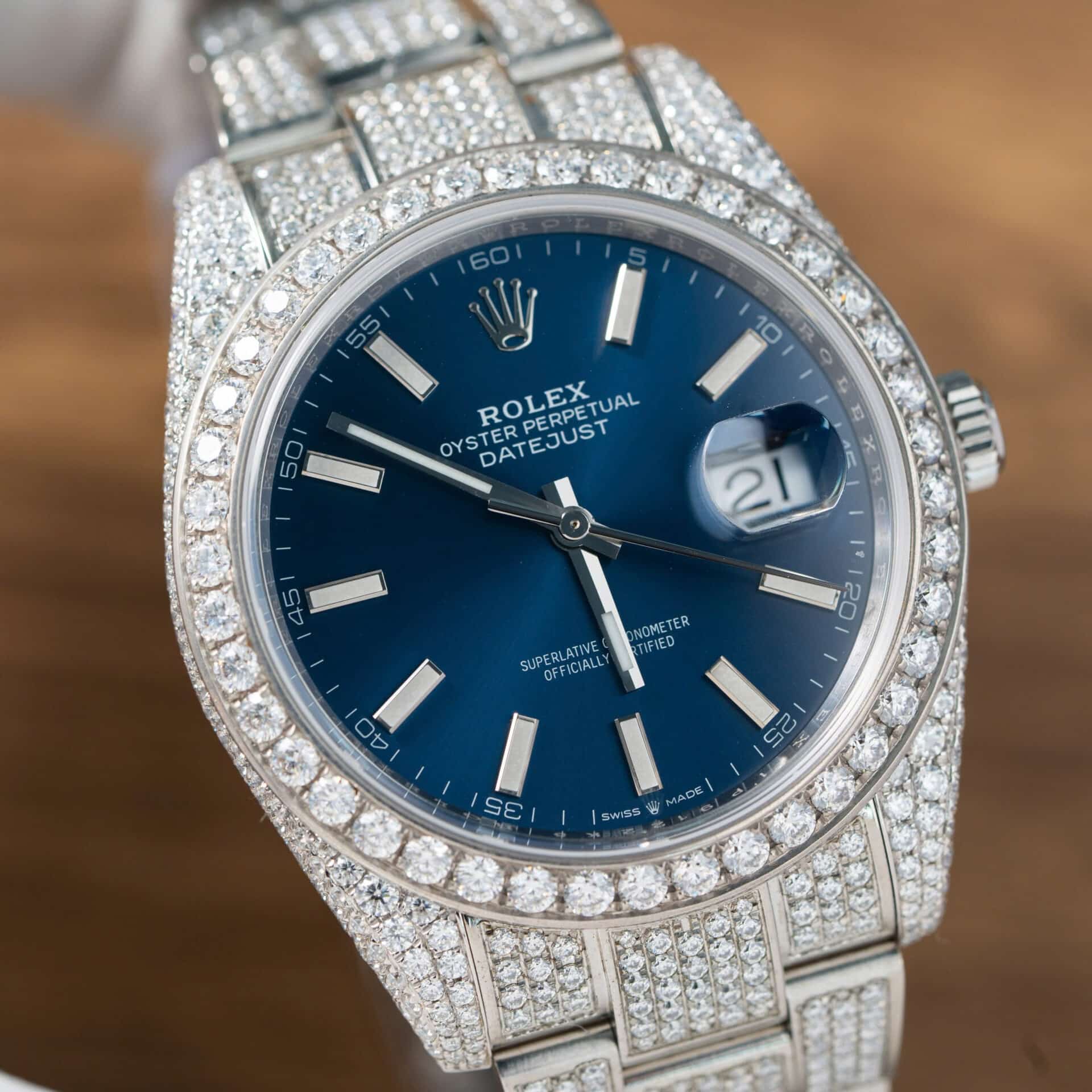 Đồng Hồ Rolex Datejust Mặt Xanh Dương Cọc Dạ Quang Chế Tác Full Moissanite Hong Kong 41mm - Image 4