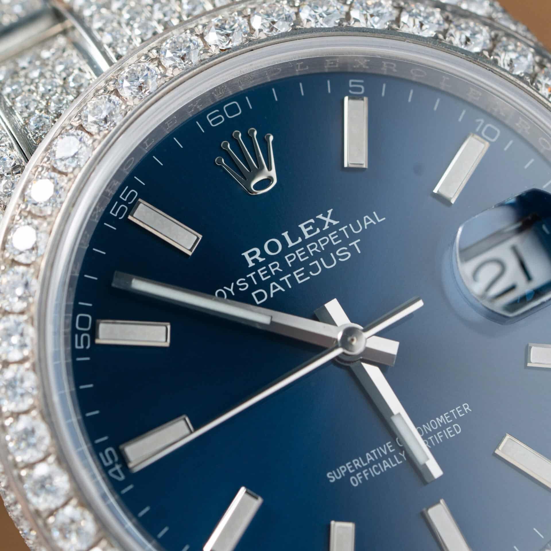 Đồng Hồ Rolex Datejust Mặt Xanh Dương Cọc Dạ Quang Chế Tác Full Moissanite Hong Kong 41mm - Image 5