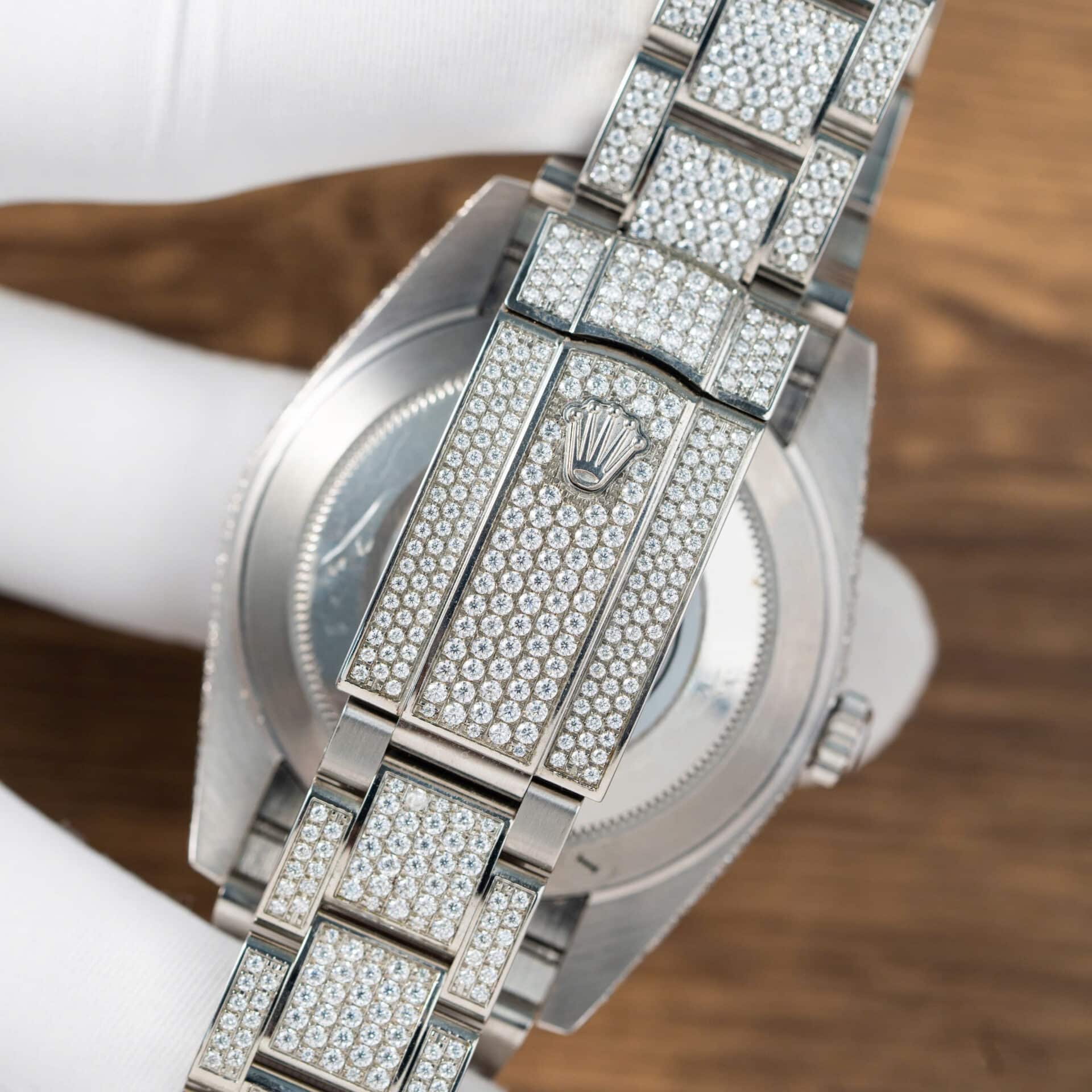 Đồng Hồ Rolex Datejust Mặt Xanh Dương Cọc Dạ Quang Chế Tác Full Moissanite Hong Kong 41mm - Image 11