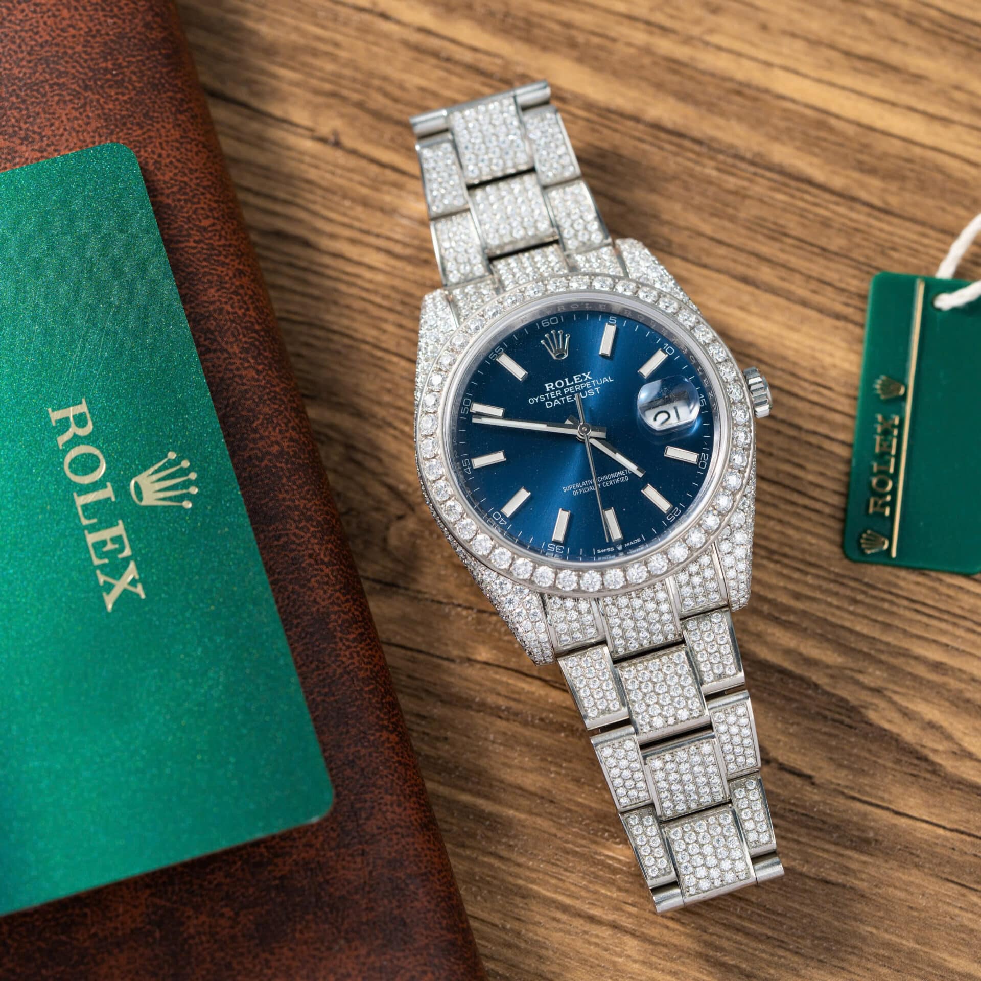 Đồng Hồ Rolex Datejust Mặt Xanh Dương Cọc Dạ Quang Chế Tác Full Moissanite Hong Kong 41mm - Image 2